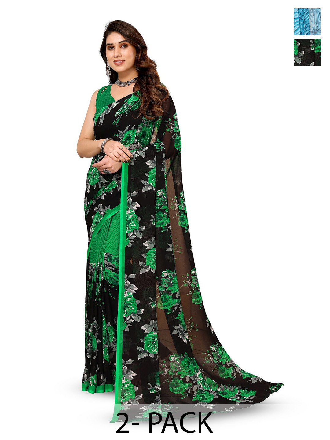 

ANAND SAREES Selection Of 2 Floral Sarees, Blue