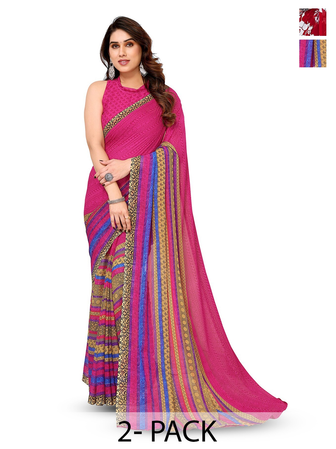 

ANAND SAREES Selection Of 2 Floral Sarees, Red
