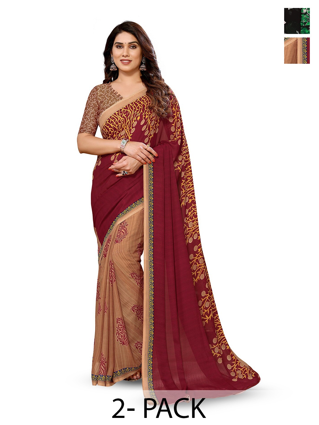 

ANAND SAREES Selection Of 2 Floral Sarees, Maroon