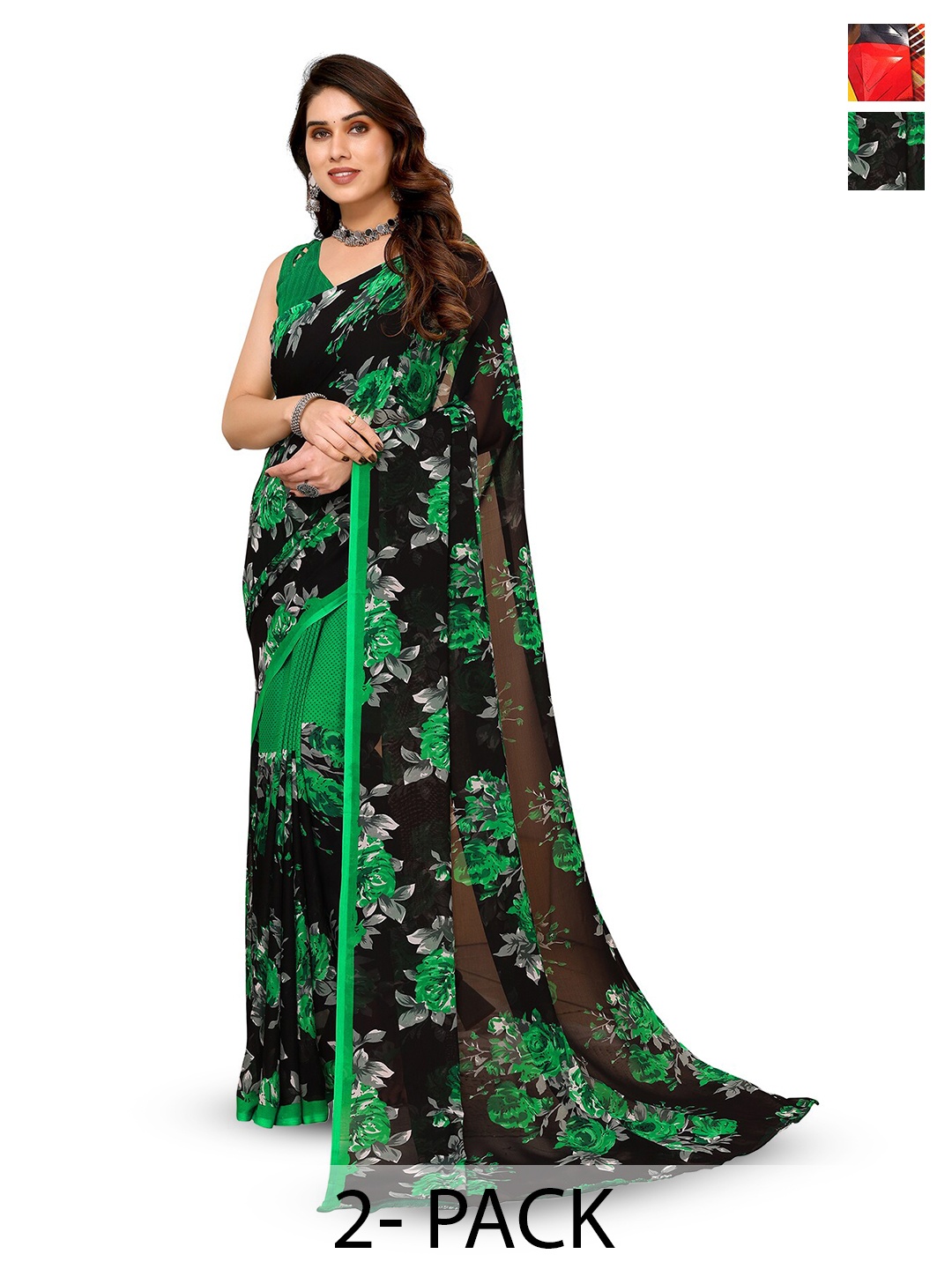 

ANAND SAREES Selection Of 2 Floral Sarees, Green