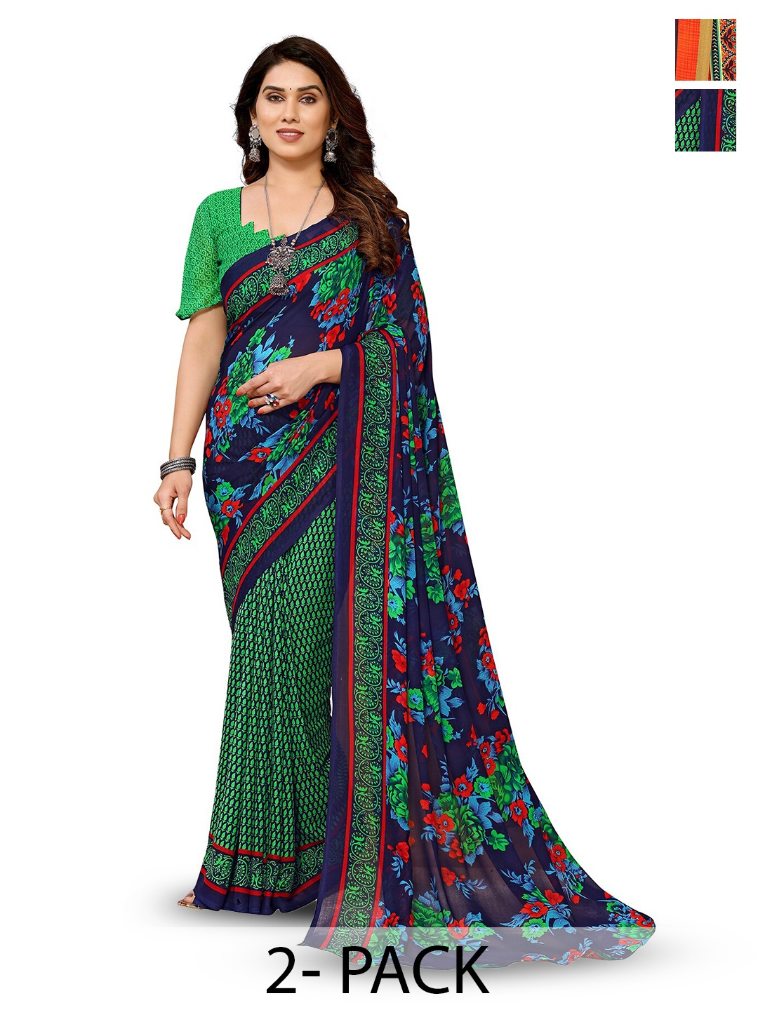 

ANAND SAREES Selection Of 2 Floral Sarees, Green