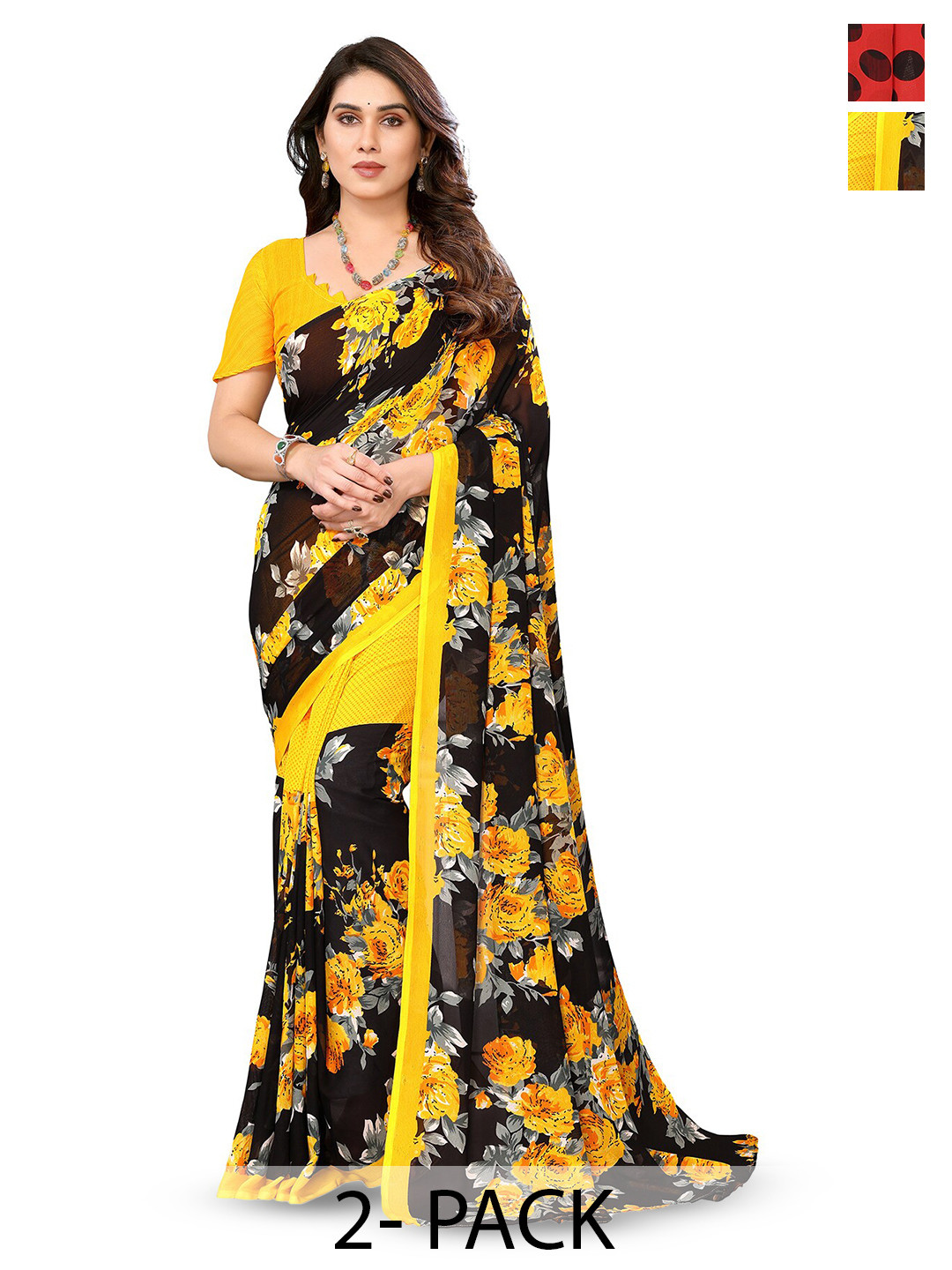 

ANAND SAREES Selection Of 2 Floral Printed Sarees, Black