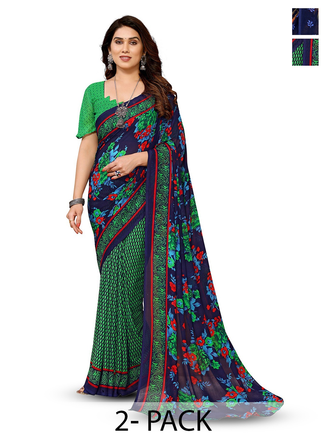 

ANAND SAREES Selection Of 2 Floral Printed Sarees, Navy blue