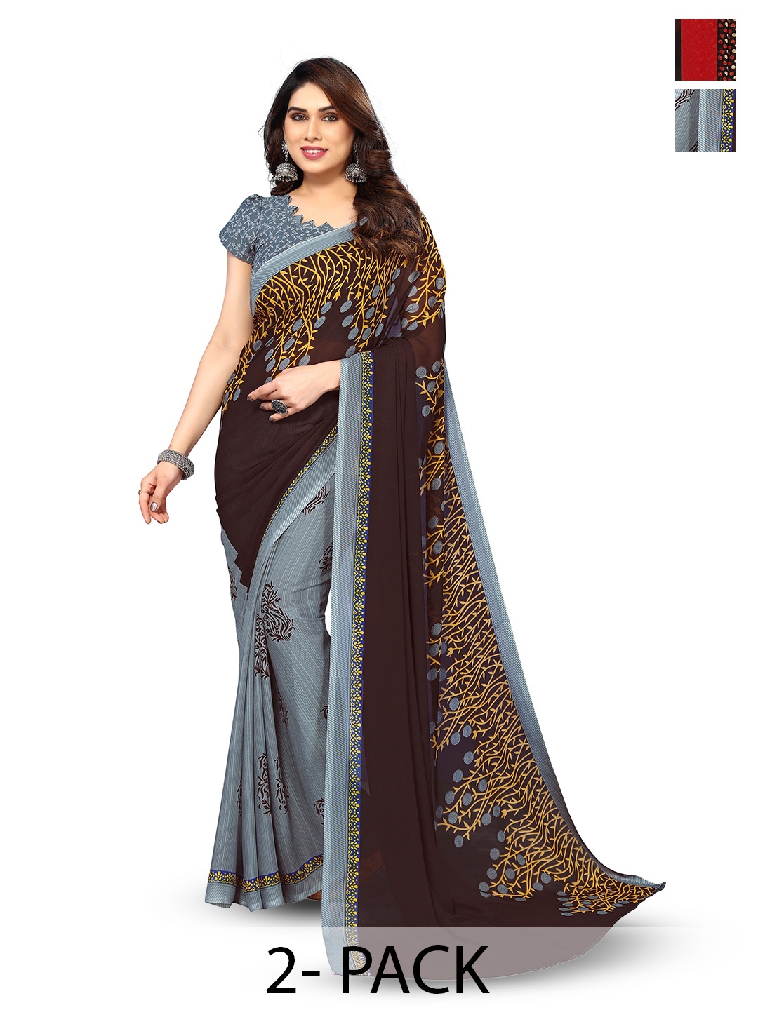 

ANAND SAREES Selection Of 2 Floral Printed Sarees, Grey