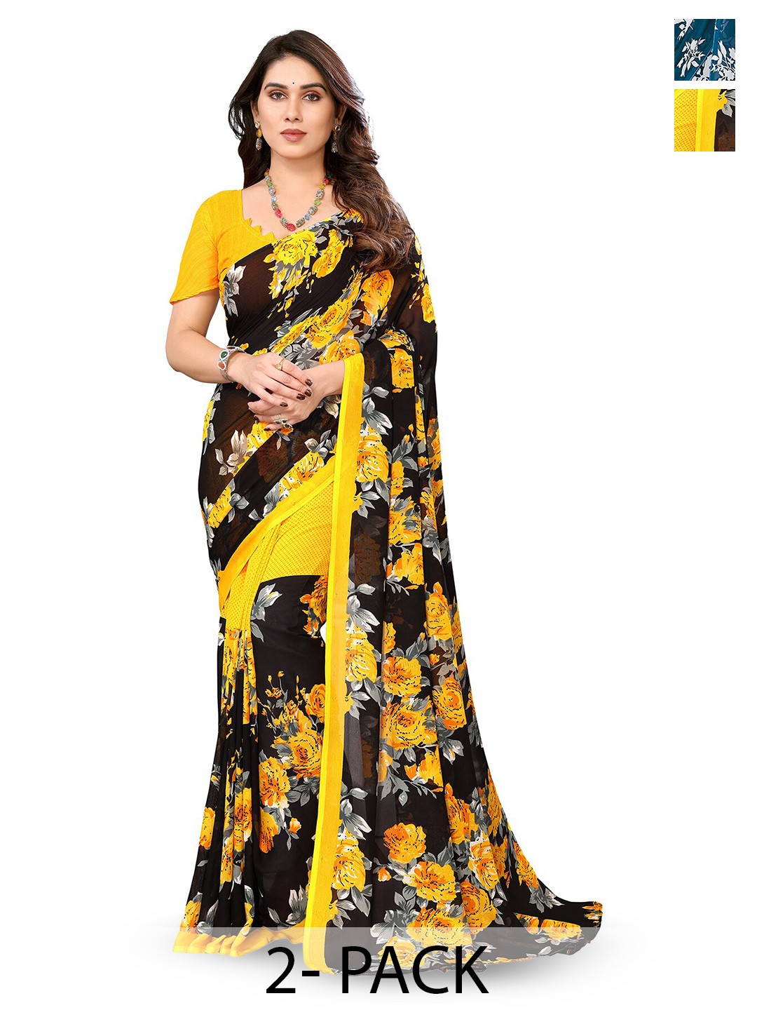 

ANAND SAREES Selection Of 2 Floral Printed Sarees, Black