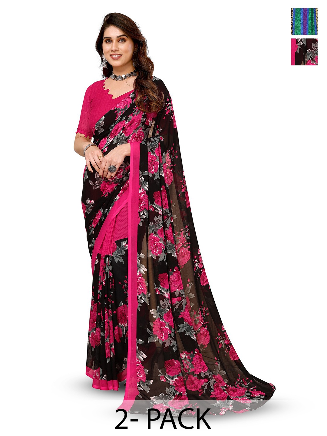

ANAND SAREES Selection Of 2 Floral Printed Sarees, Green