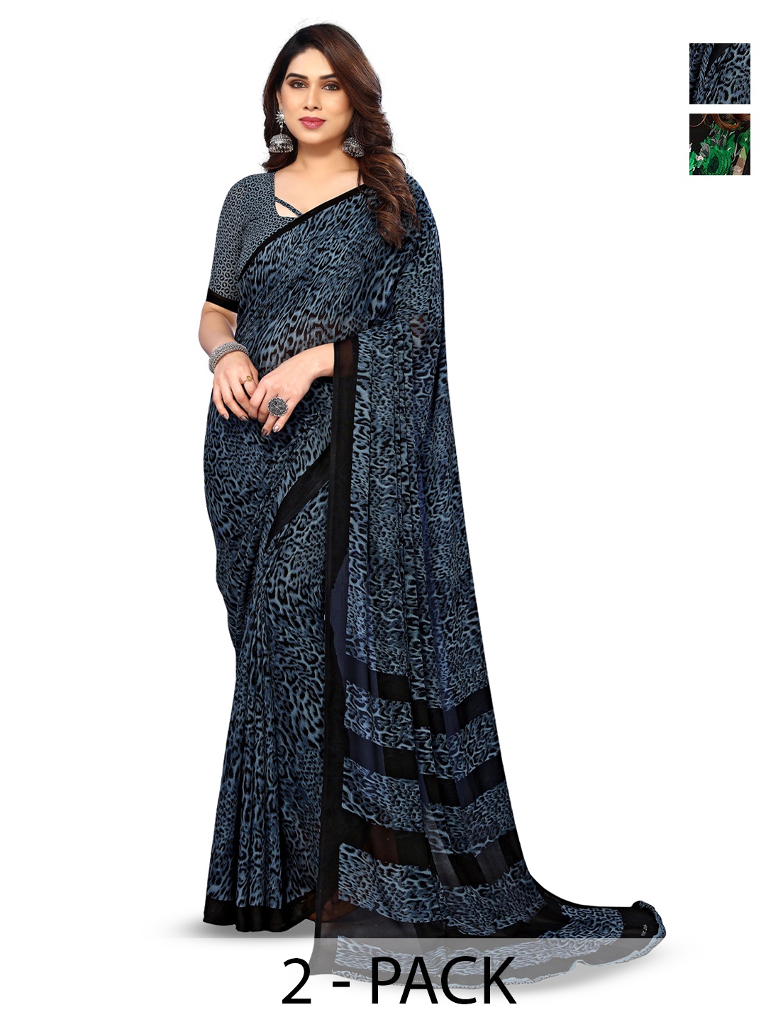 

ANAND SAREES Selection Of 2 Floral Saree, Green