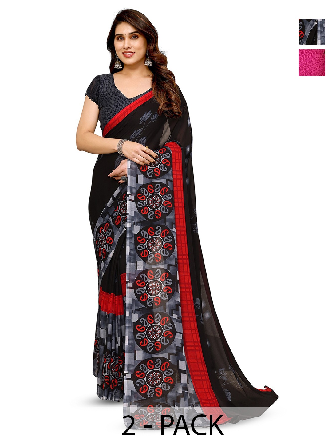 

ANAND SAREES Selection Of 2 Floral Saree, Black