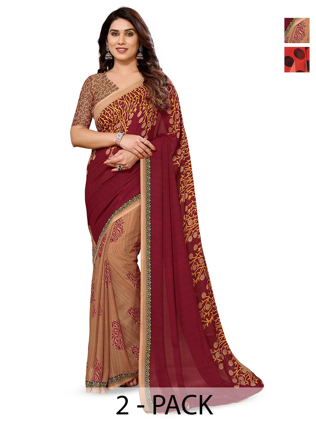 

ANAND SAREES Selection Of 2 Polka Dot Saree, Red