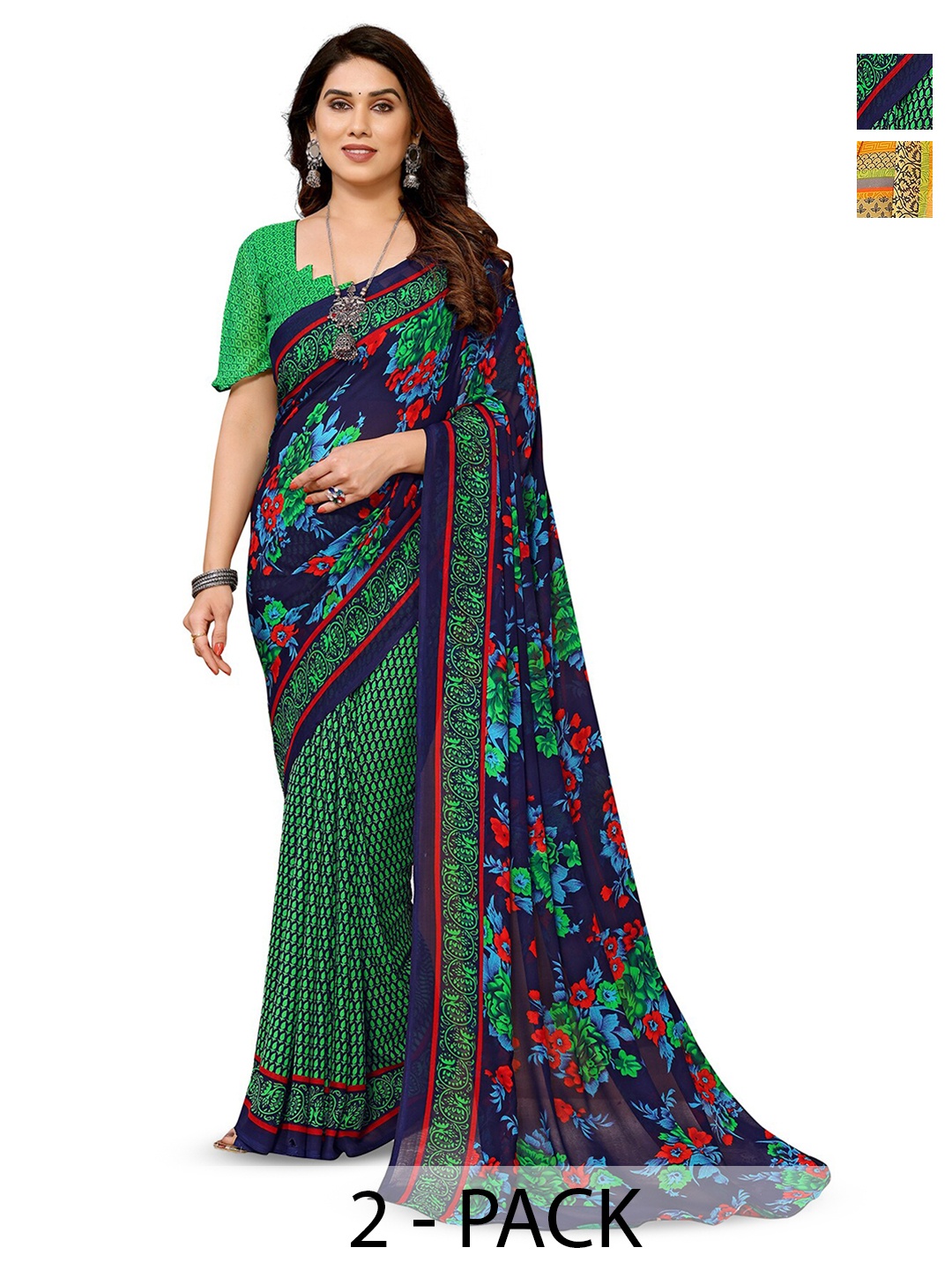 

ANAND SAREES Selection Of 2 Floral Saree, Green