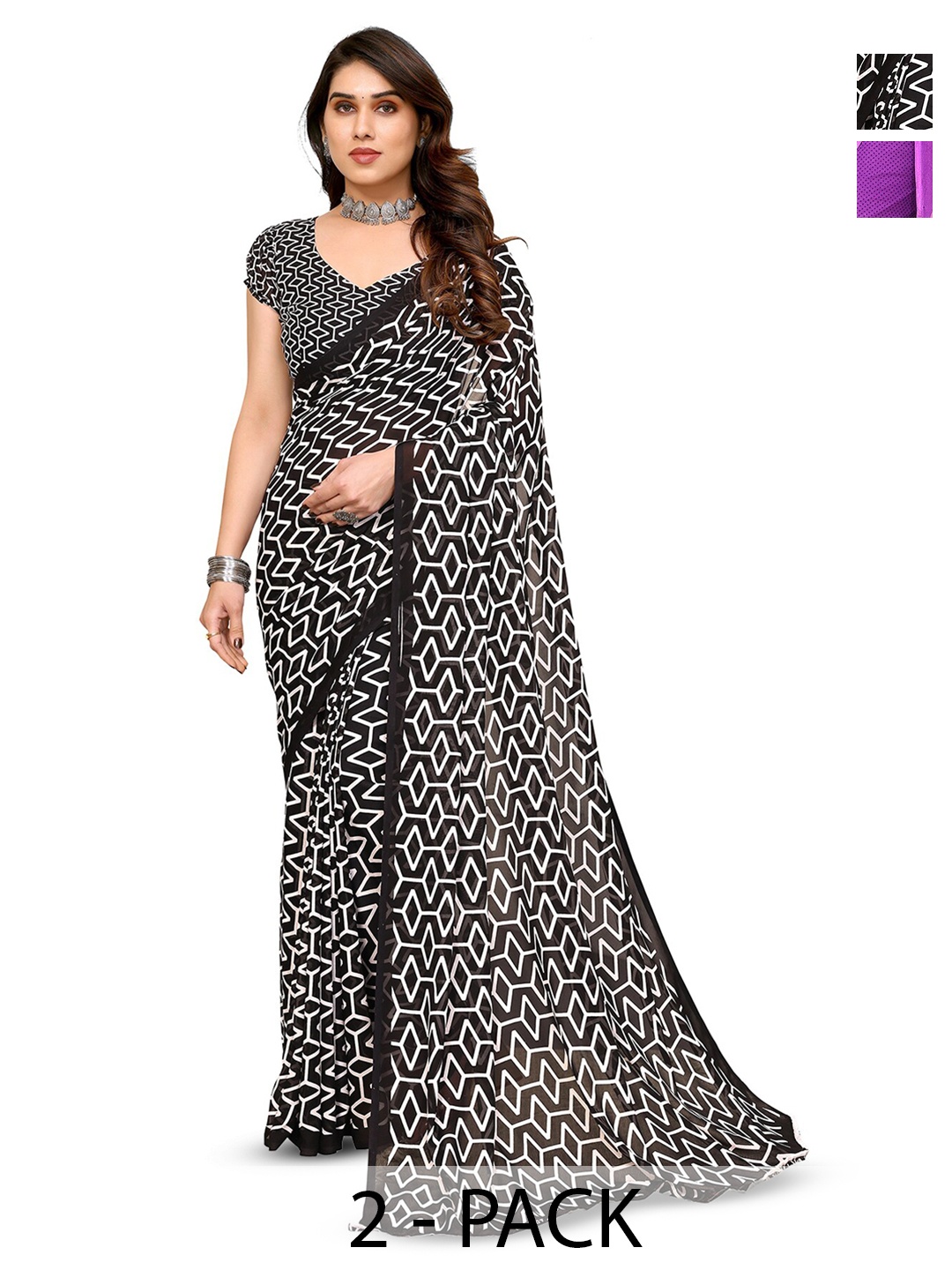 

ANAND SAREES Selection Of 2 Floral Saree, Black