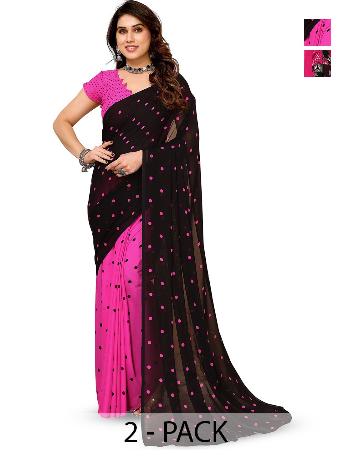

ANAND SAREES Selection Of 2 Floral Printed Sarees, Pink