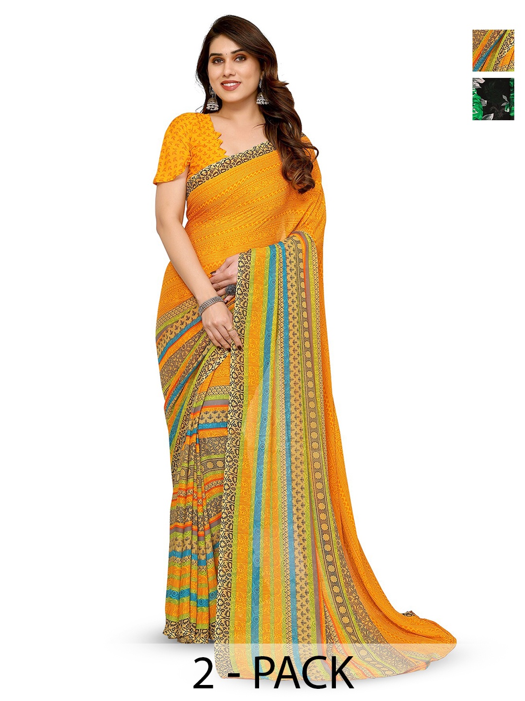 

ANAND SAREES Selection Of 2 Floral Printed Sarees, Green