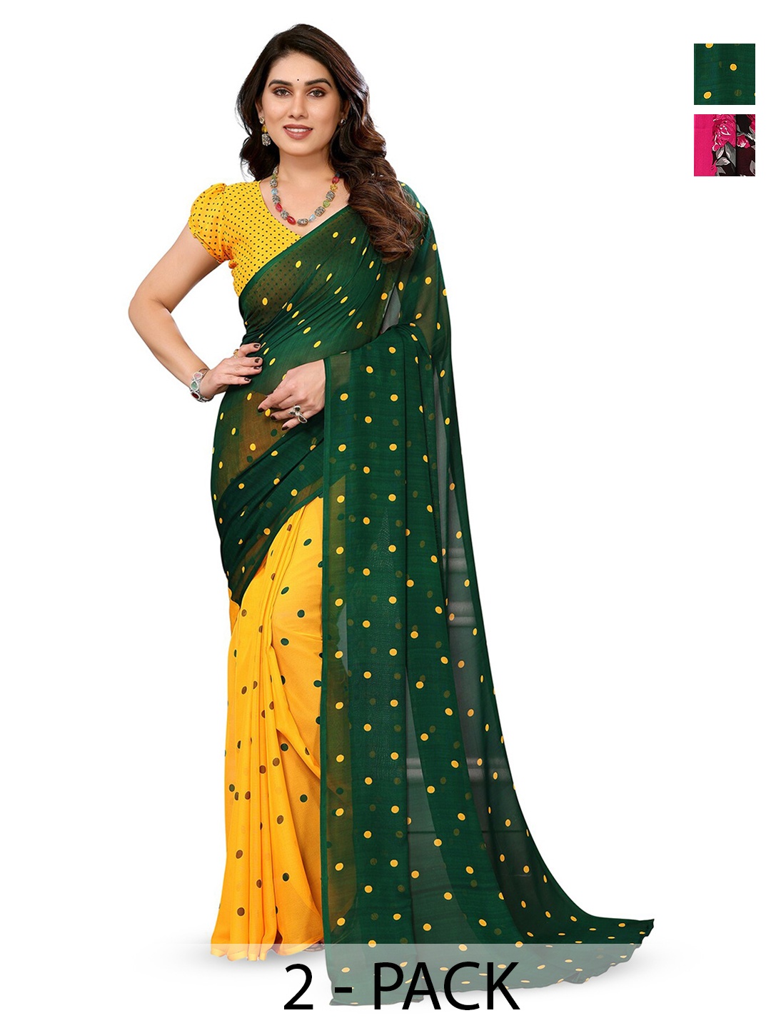 

ANAND SAREES Selection Of 2 Polka Dots Printed Sarees, Green