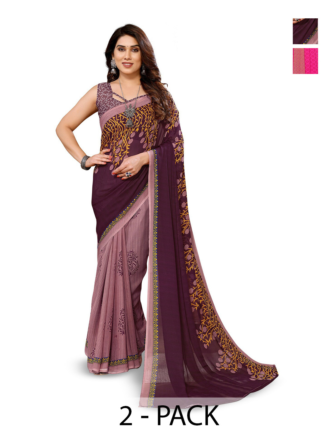

ANAND SAREES Selection Of 2 Floral Printed Sarees, Purple