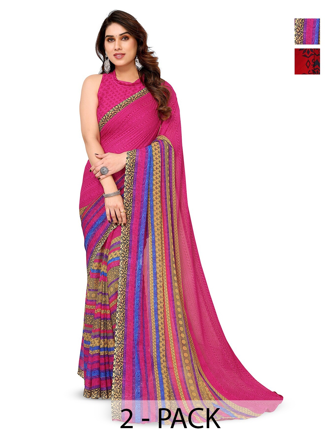 

ANAND SAREES Selection Of 2 Floral Printed Sarees, Pink