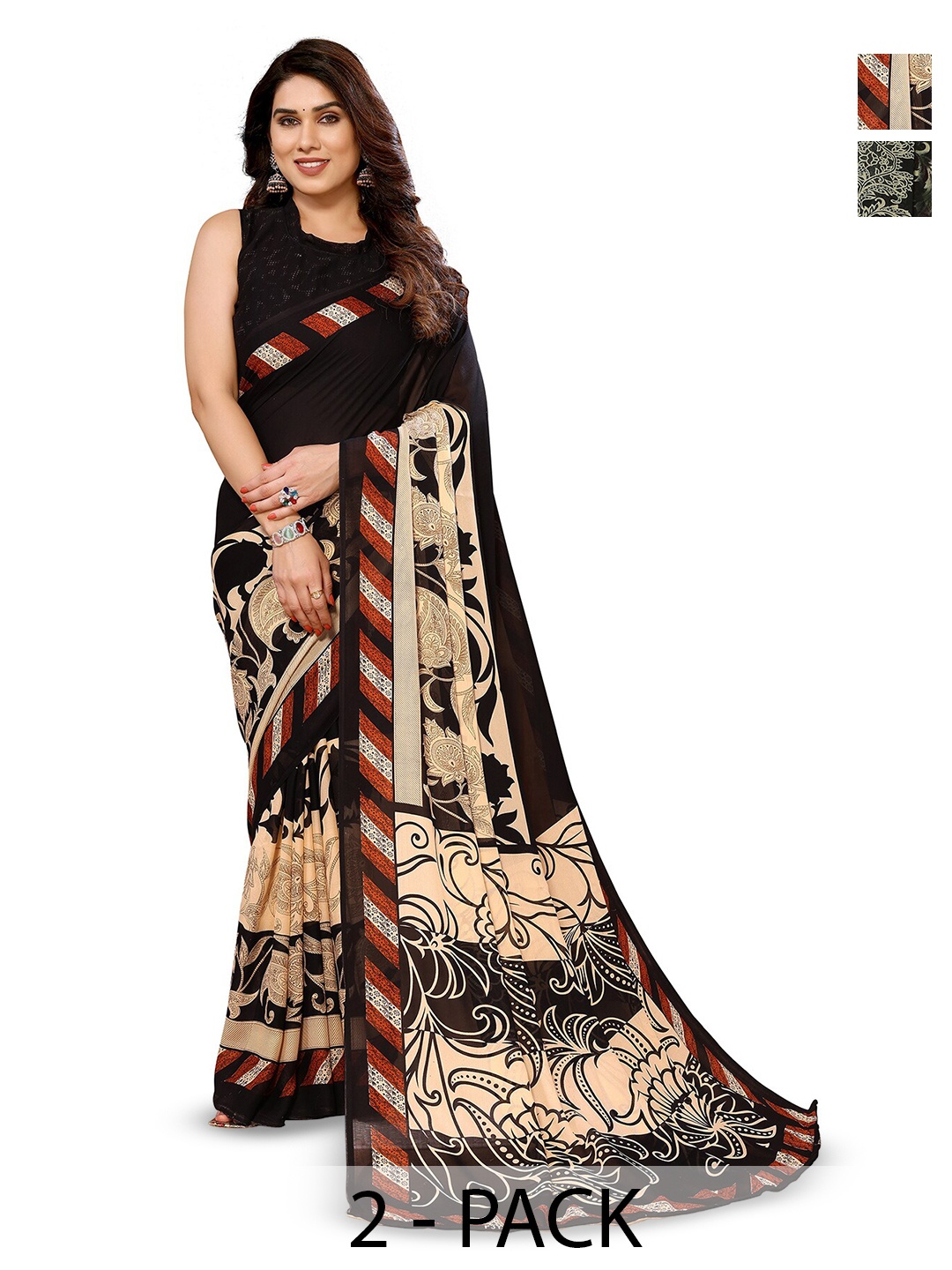 

ANAND SAREES Selection Of 2 Floral Printed Sarees, Black