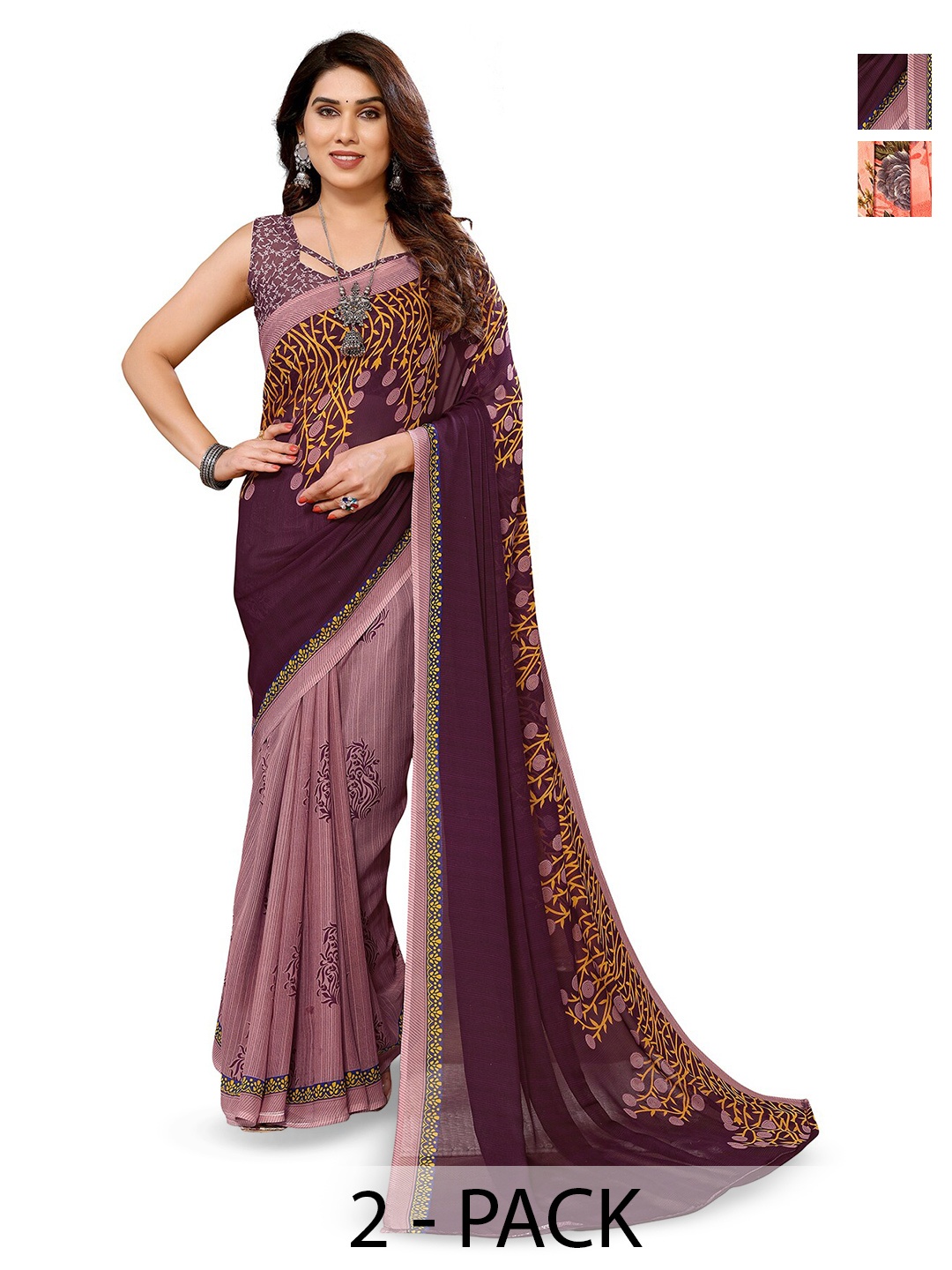 

ANAND SAREES Selection Of 2 Floral Printed Sarees, Peach