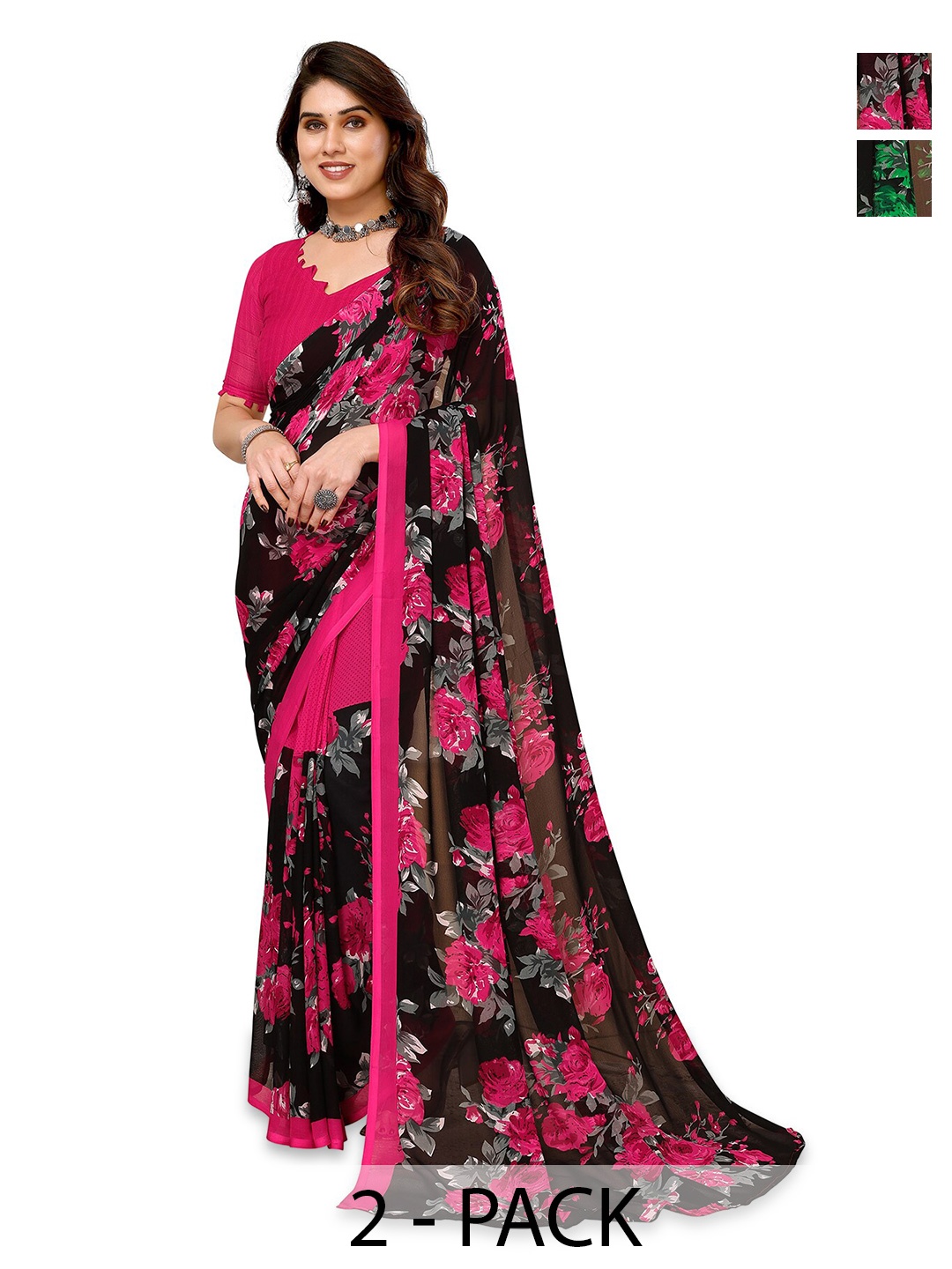 

ANAND SAREES Selection Of 2 Floral Printed Sarees, Pink