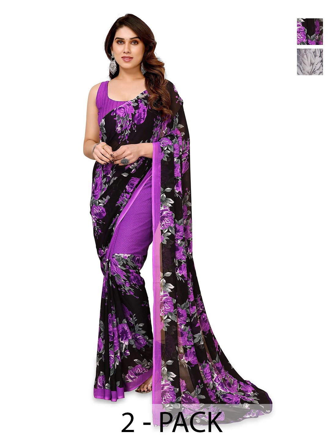 

ANAND SAREES Selection Of 2 Floral Printed Sarees, Black