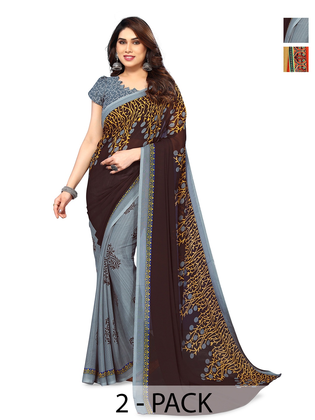 

ANAND SAREES Selection of 2 Floral Printed Sarees, Grey