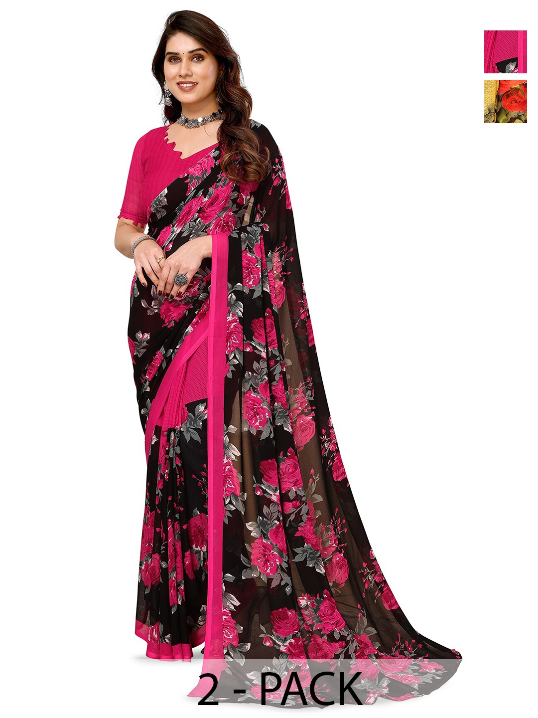 

ANAND SAREES Selection of 2 Floral Printed Sarees, Pink