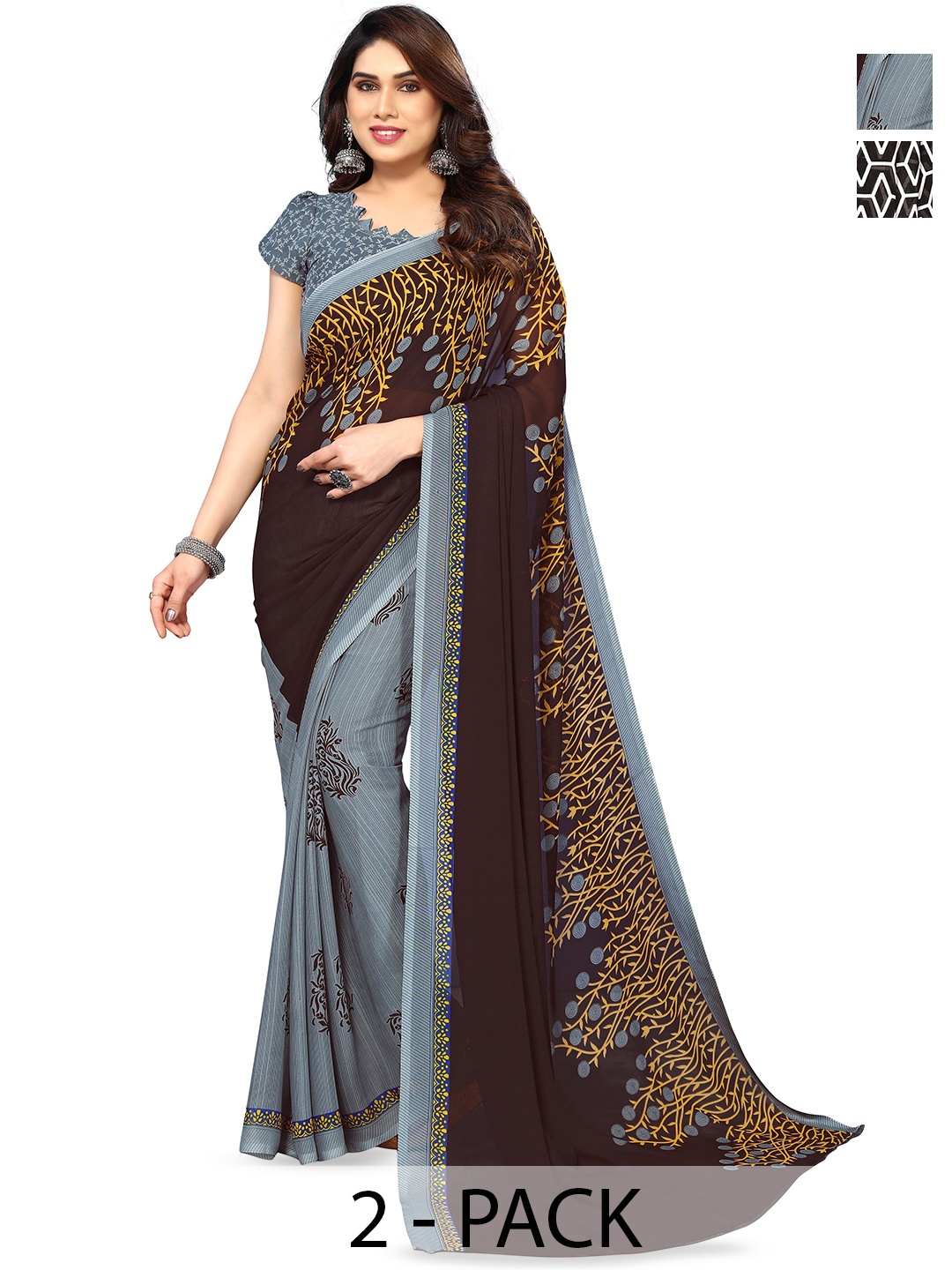 

ANAND SAREES Selection of 2 Floral Printed Sarees, Grey
