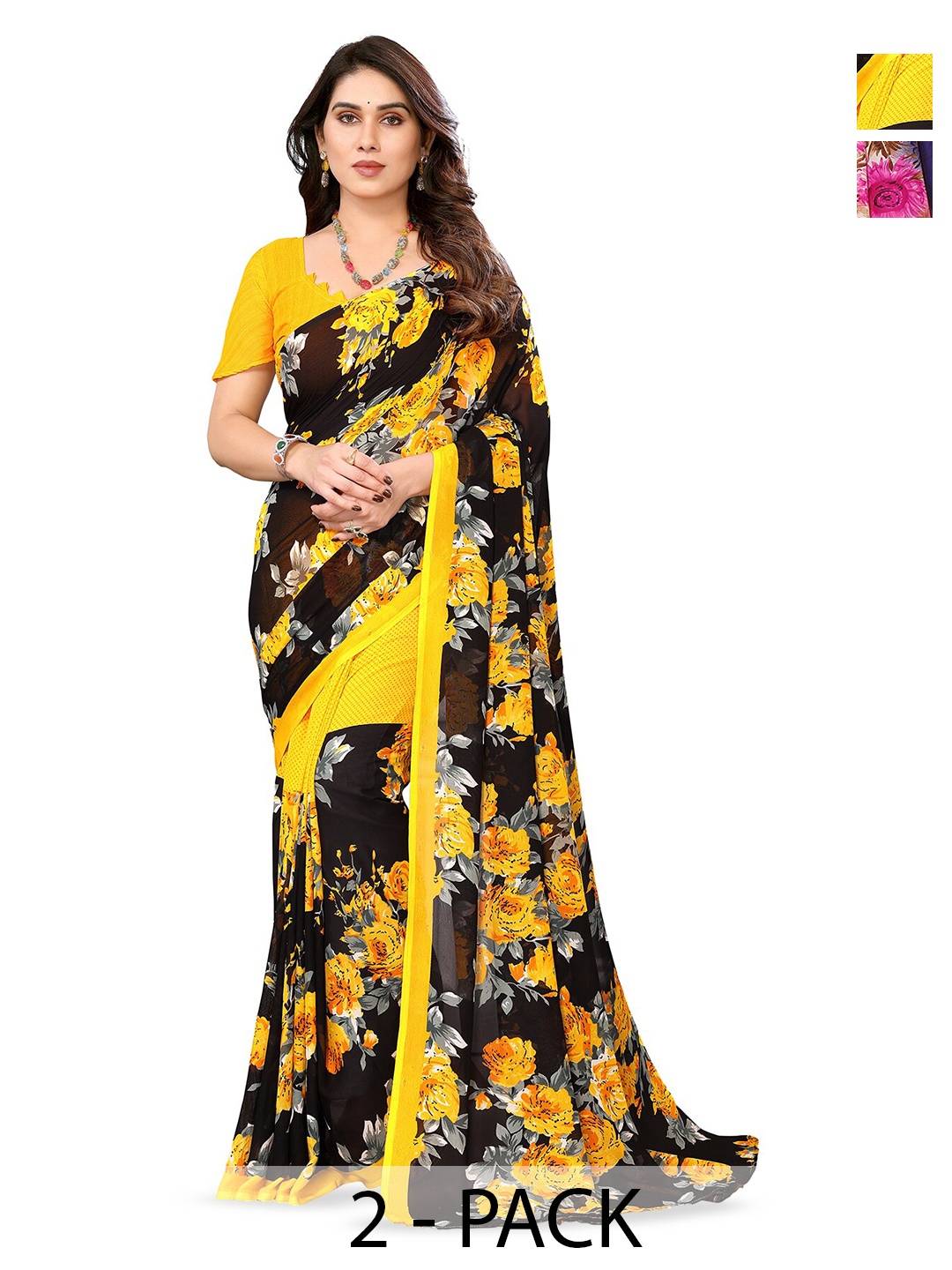 

ANAND SAREES Selection of 2 Floral Printed Sarees, Black