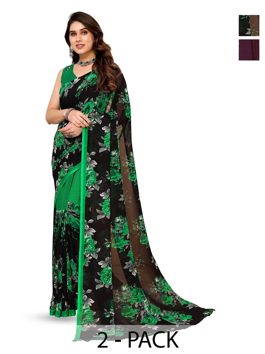 

ANAND SAREES Selection of 2 Floral Printed Sarees, Green