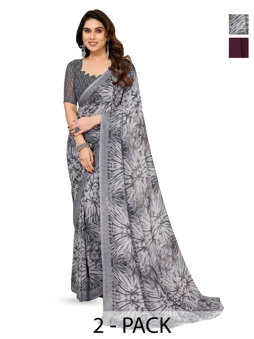 

ANAND SAREES Selection Of 2 Floral Printed Sarees, Grey