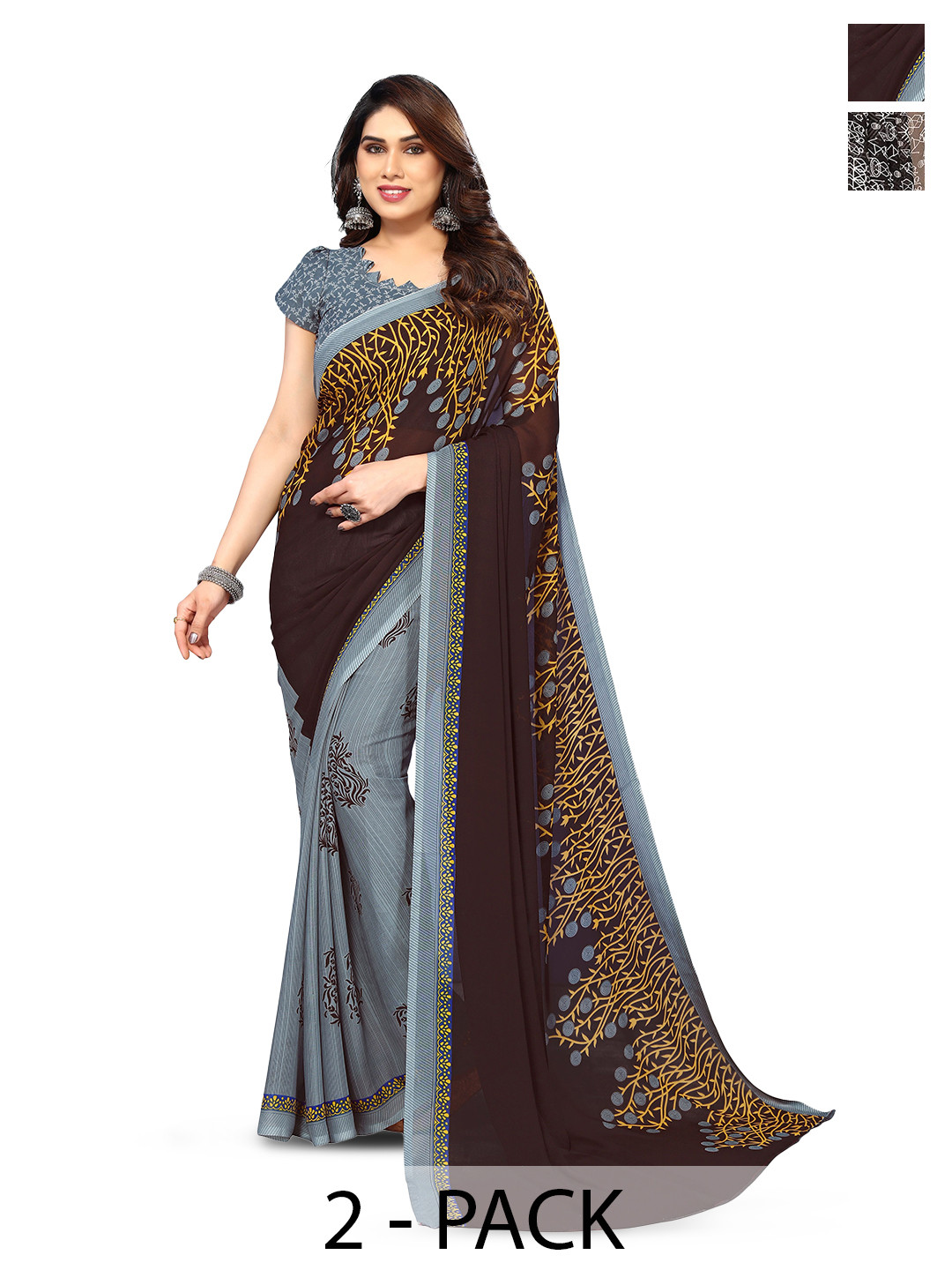 

ANAND SAREES Selection Of 2 Floral Printed Sarees, Grey