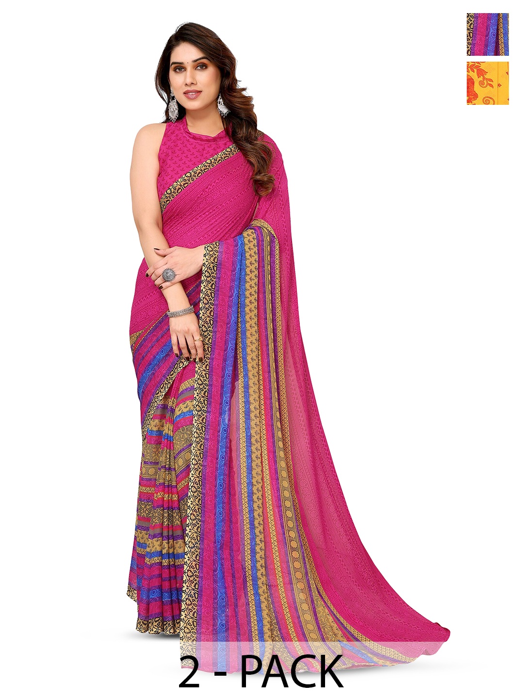 

ANAND SAREES Selection Of 2 Ethnic Motifs Printed Sarees, Yellow