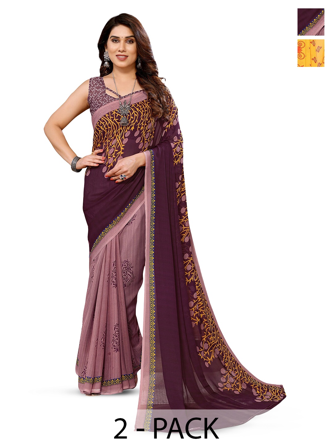 

ANAND SAREES Selection Of 2 Ethnic Motifs Printed Sarees, Yellow