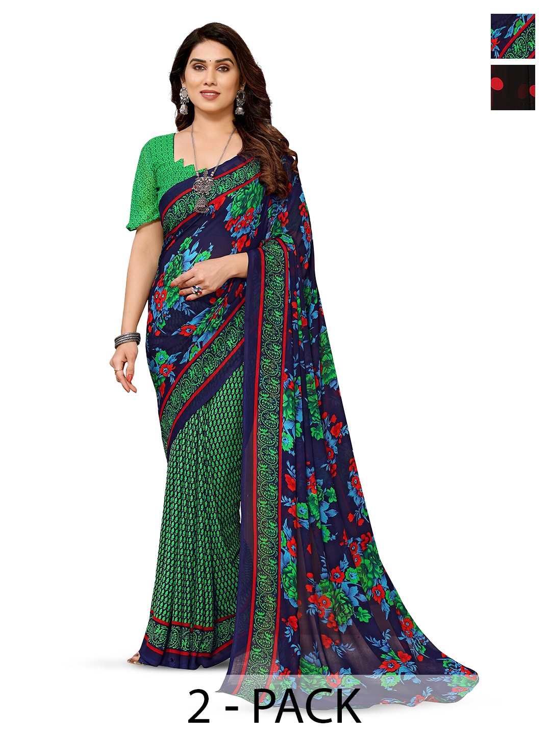 

ANAND SAREES Selection Of 2 Floral Printed Sarees, Black