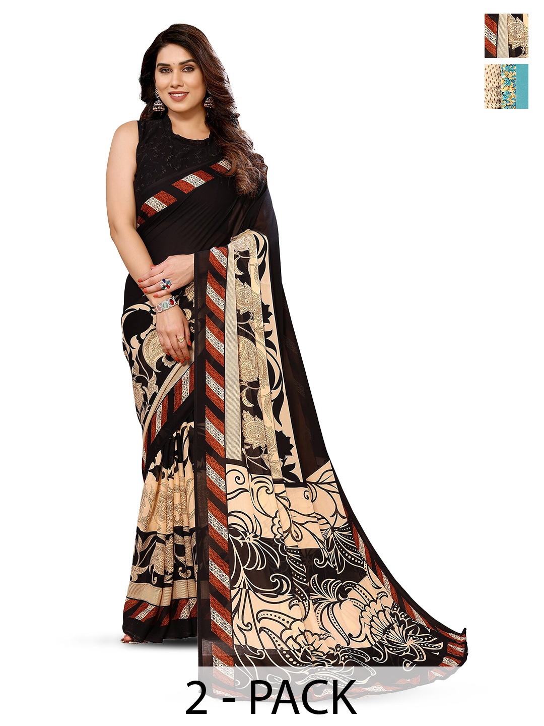 

ANAND SAREES Selection Of 2 Floral Printed Sarees, Blue