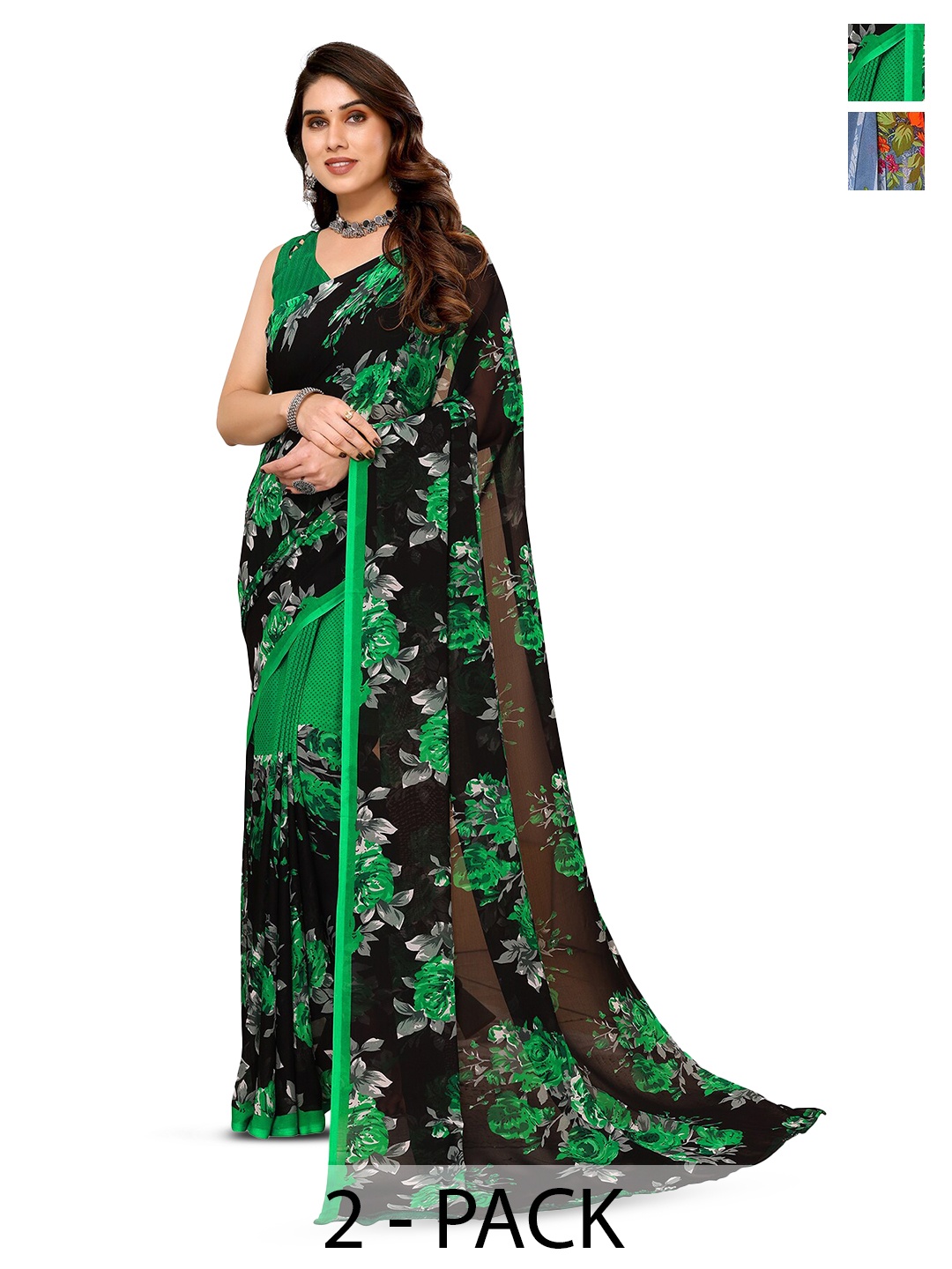 

ANAND SAREES Selection Of 2 Floral Printed Sarees, Green