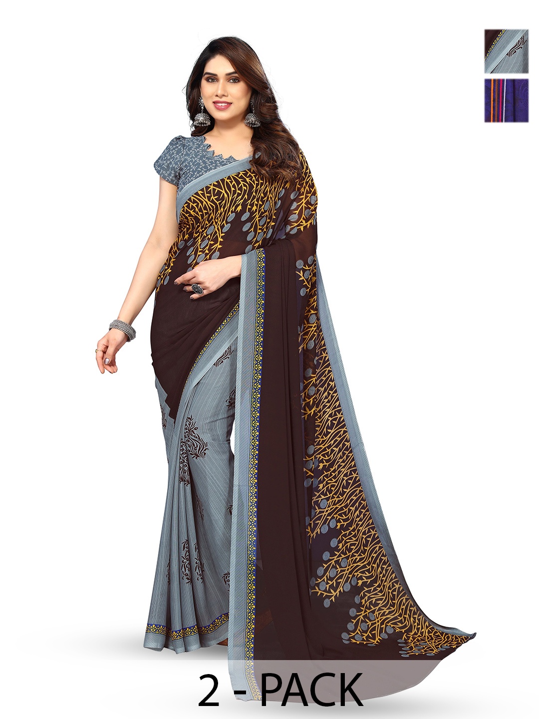 

ANAND SAREES Selection Of 2 Floral Printed Sarees, Navy blue