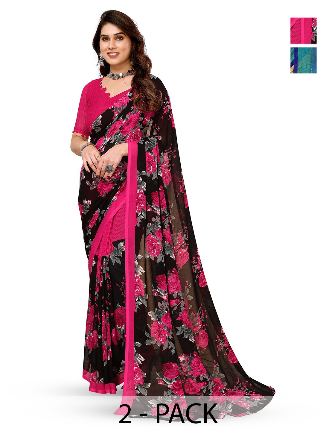 

ANAND SAREES Selection Of 2 Floral Printed Sarees, Pink