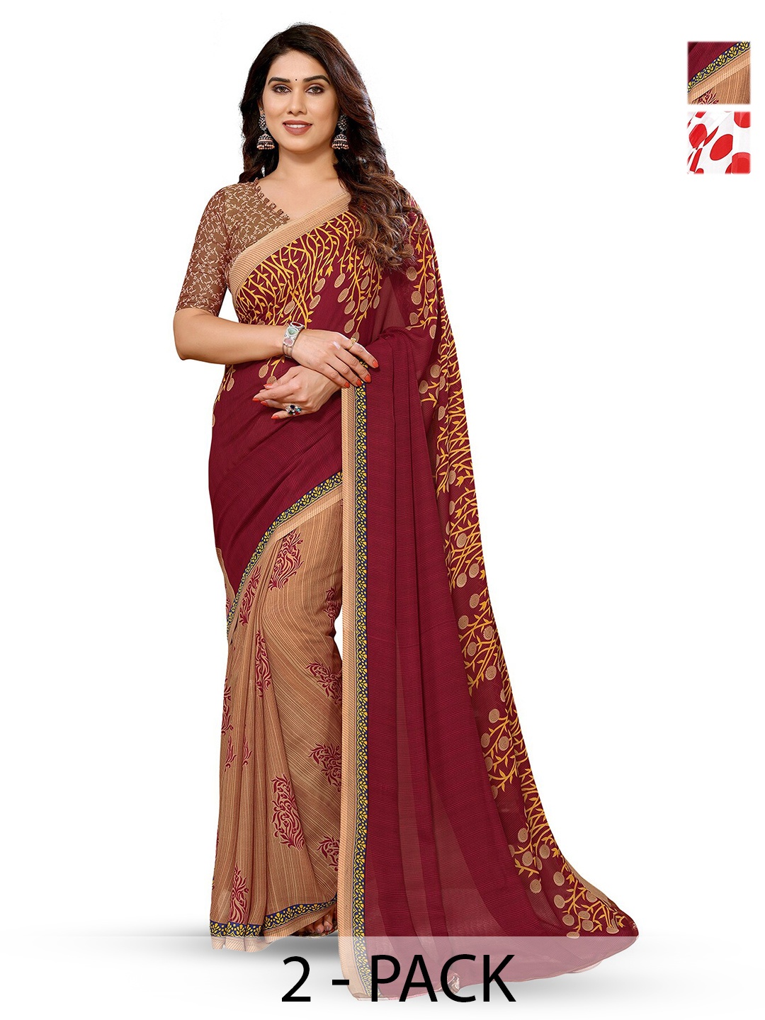 

ANAND SAREES Selection Of 2 Floral Printed Sarees, Red