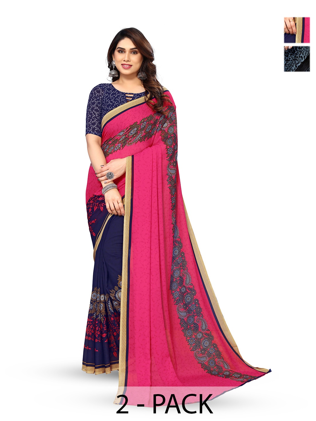 

ANAND SAREES Selection Of 2 Floral Printed Sarees, Pink