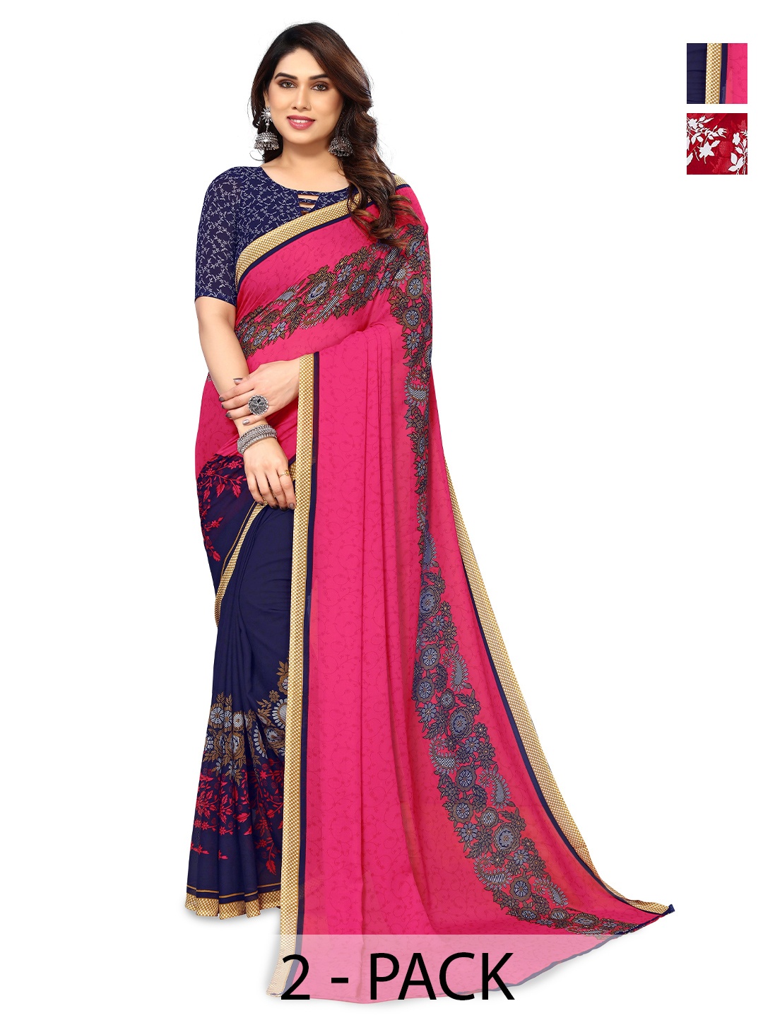 

ANAND SAREES Selection Of 2 Floral Printed Sarees, Pink