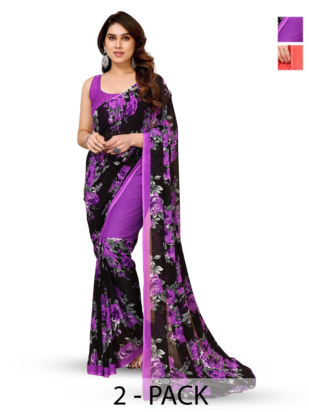 

ANAND SAREES Selection Of 2 Floral Printed Sarees, Purple