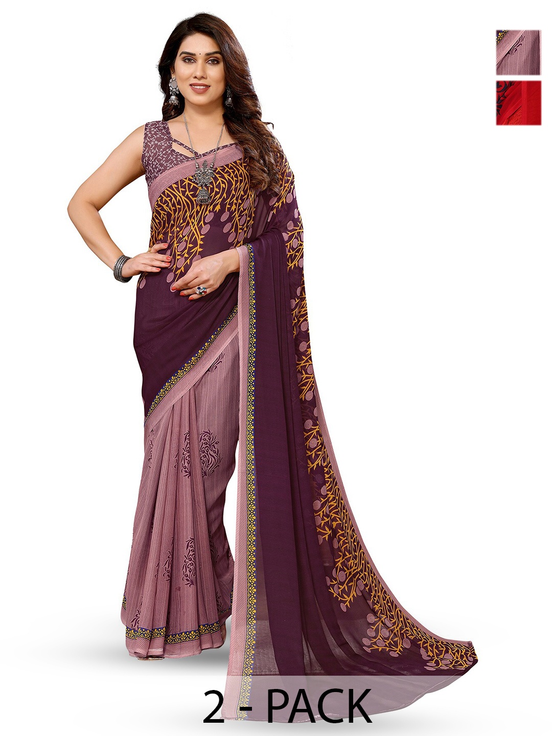 

ANAND SAREES Selection Of 2 Floral Printed Sarees, Red