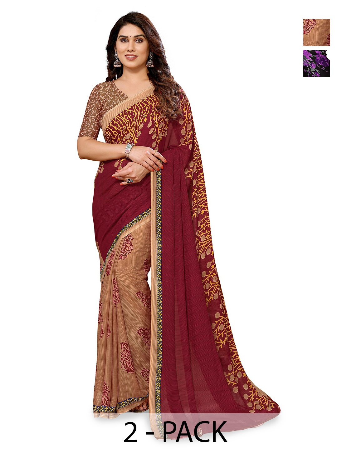

ANAND SAREES Selection Of 2 Floral Printed Sarees, Purple