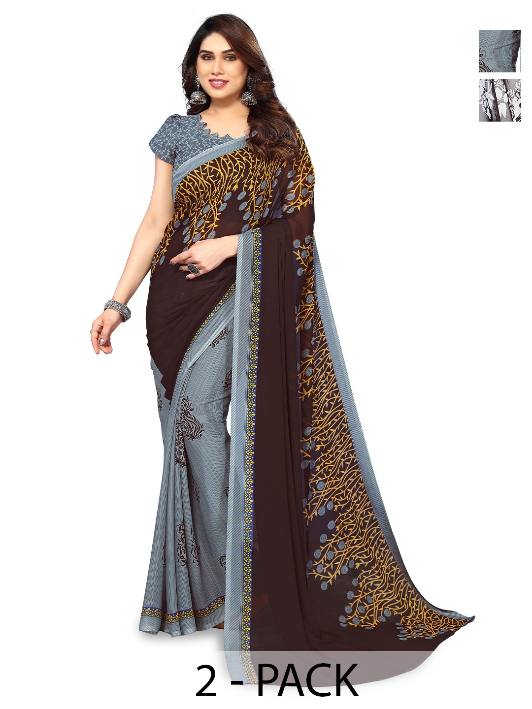 

ANAND SAREES Selection Of 2 Floral Printed Sarees, Grey