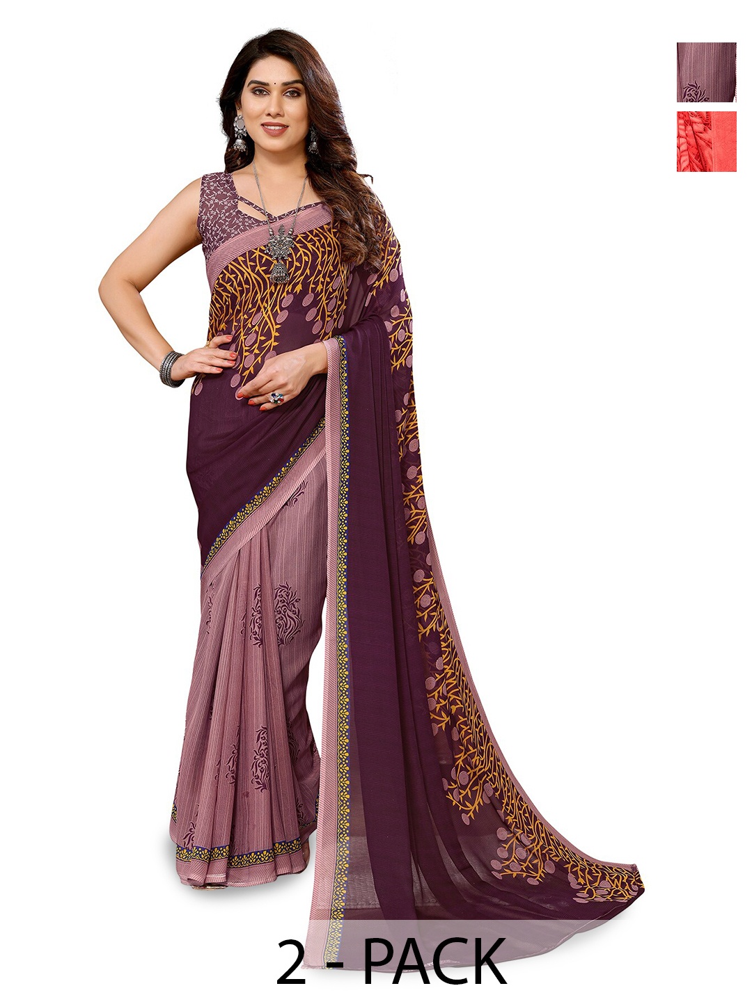 

ANAND SAREES Selection Of 2 Floral Printed Sarees, Red