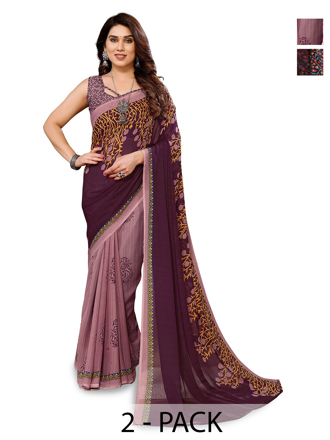 

ANAND SAREES Selection Of 2 Floral Printed Sarees, Purple