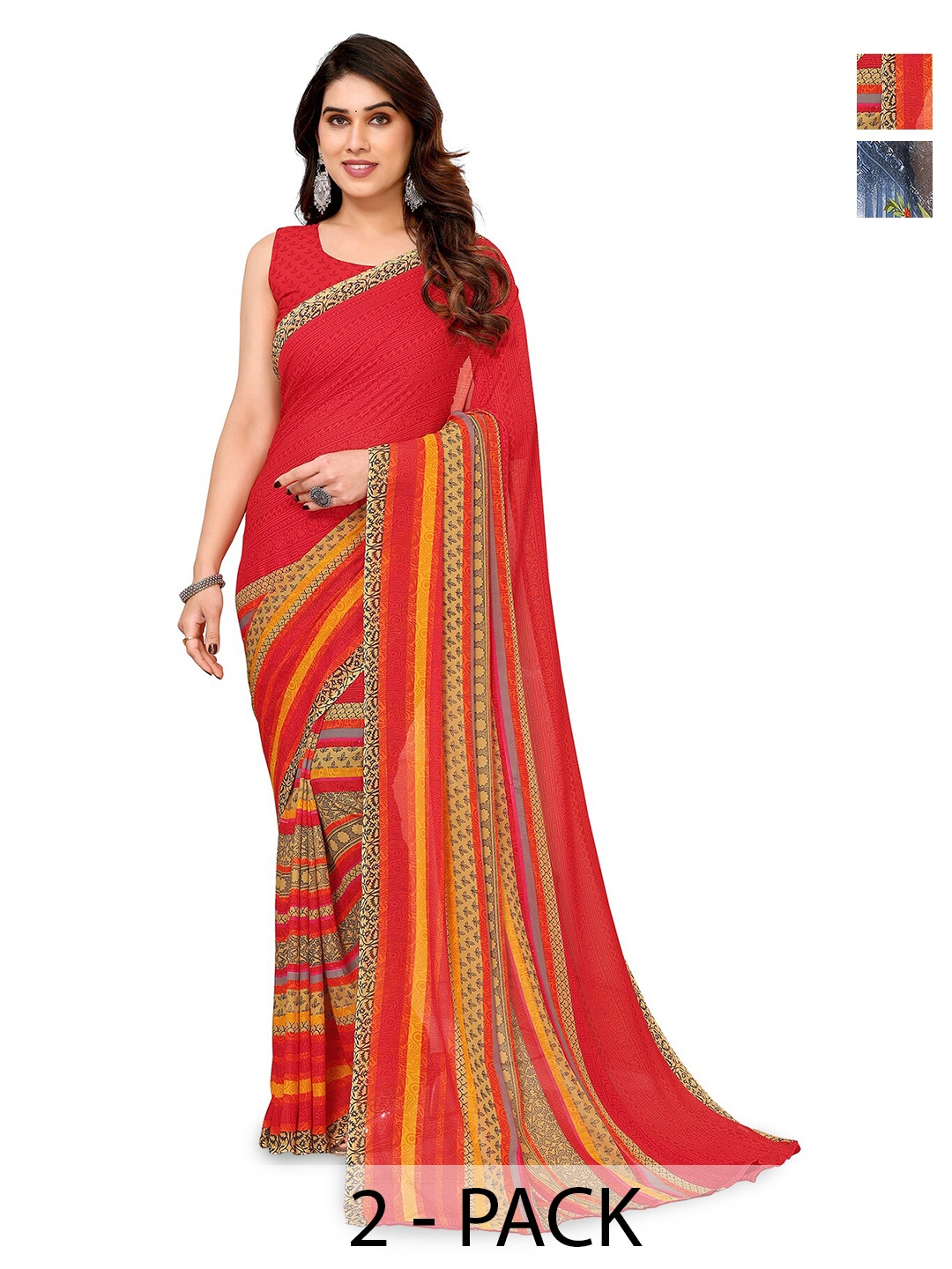 

ANAND SAREES Selection Of 2 Floral Printed Sarees, Red