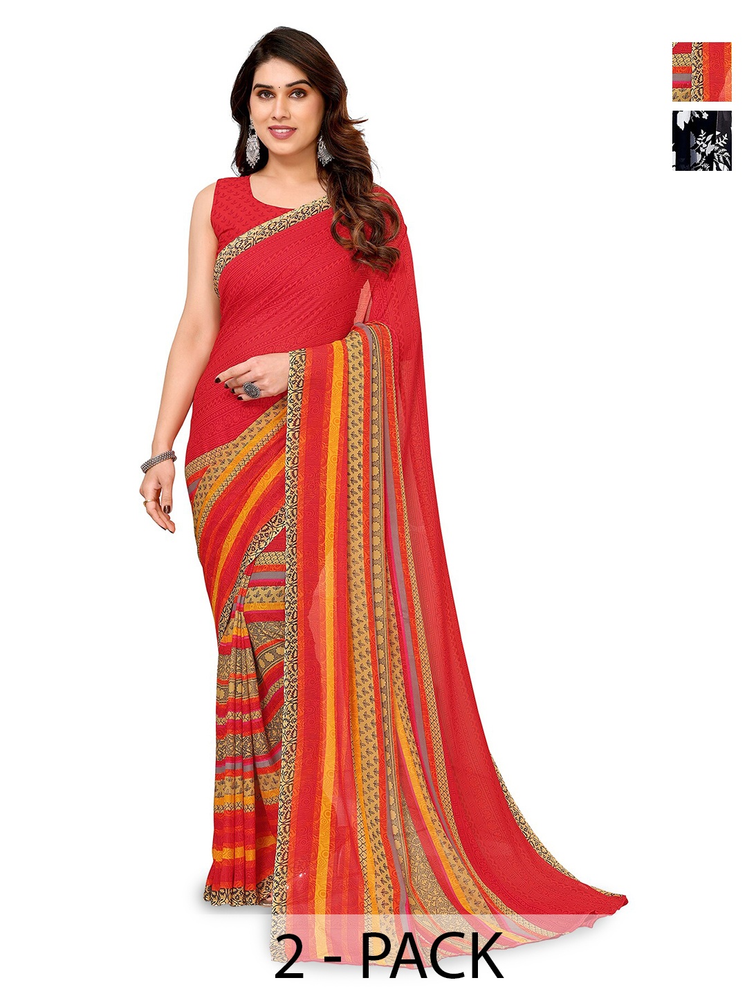 

ANAND SAREES Selection Of 2 Floral Printed Sarees, Orange