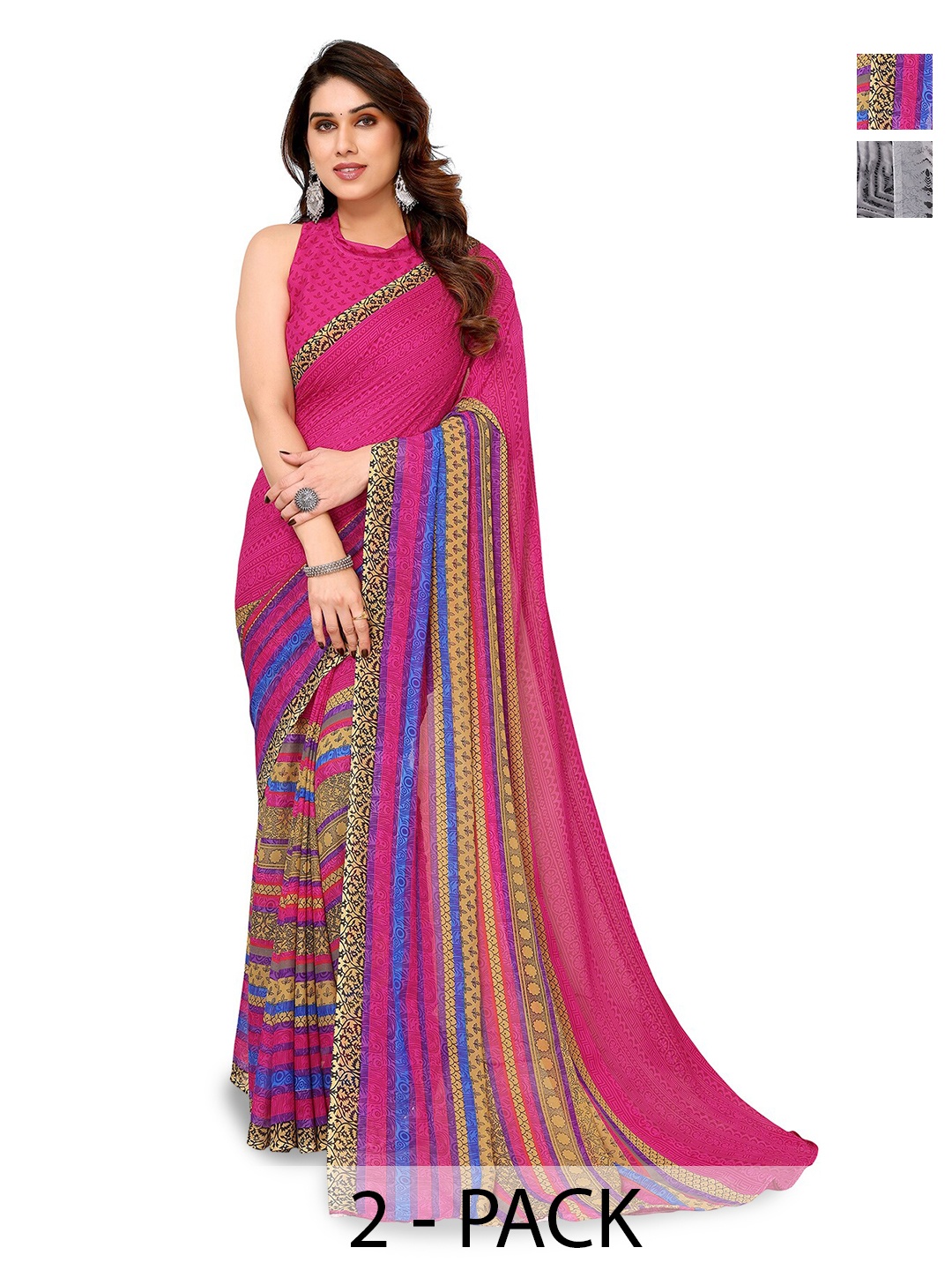 

ANAND SAREES Selection Of 2 Floral Printed Saree, Pink